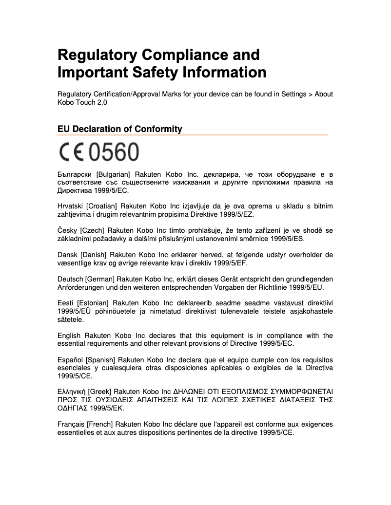 Page n°1 - Instructions de sécurité Kobo Touch 2.0