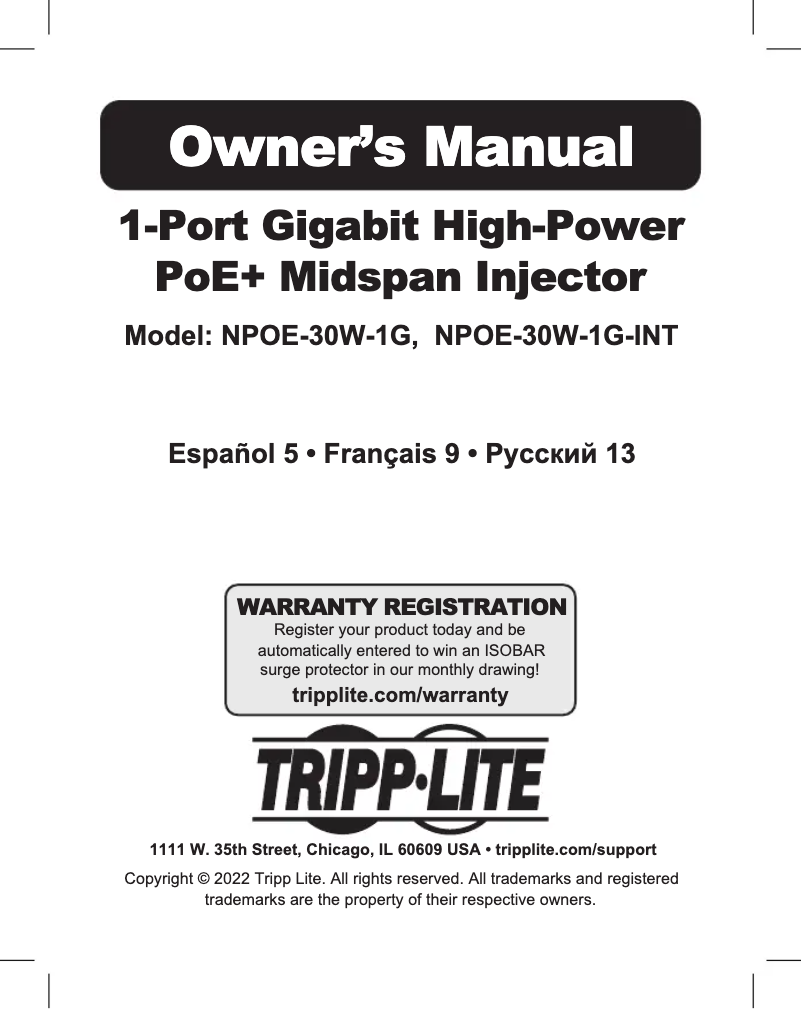 Page 1 de la notice Manuel utilisateur Tripp Lite NPOE-30W-1G