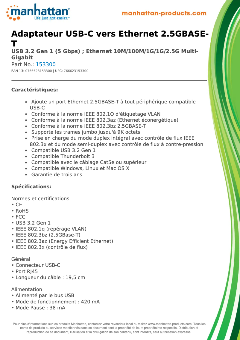 Page 1 de la notice Fiche technique Manhattan 153300