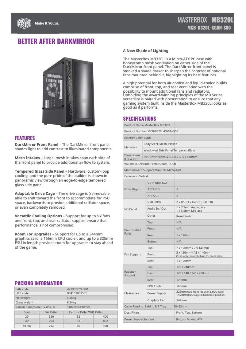 Page 1 de la notice Fiche technique Cooler Master MasterBox MB320L