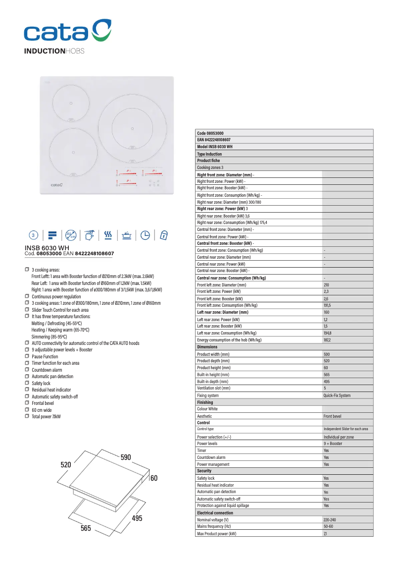 Page 1 de la notice Fiche technique CATA INSB 6030 WH