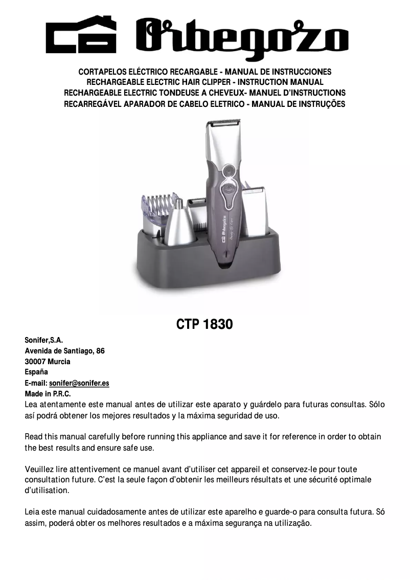 Page n°1 - Manuel utilisateur Orbegozo CTP 1830