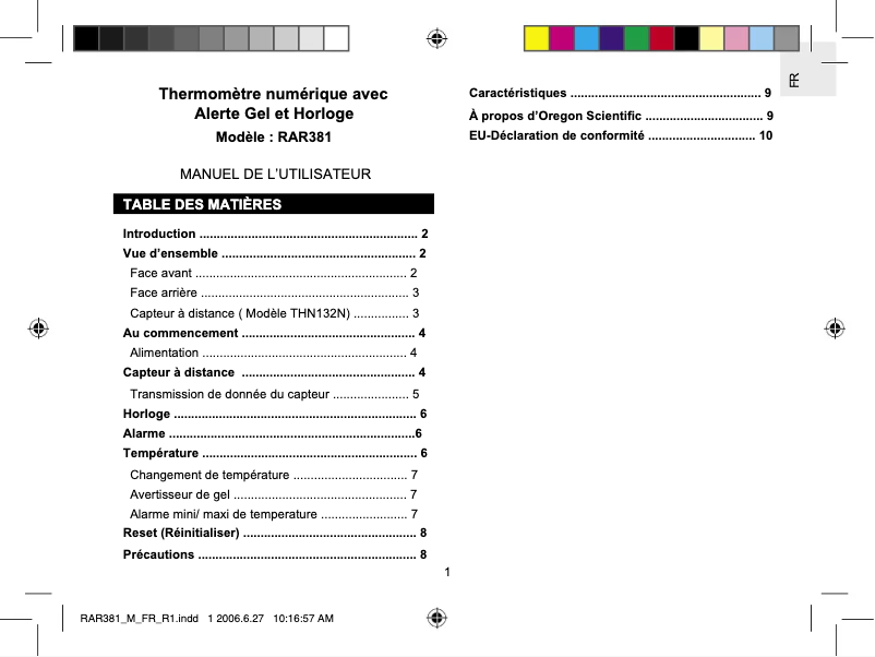 Page 1 de la notice Manuel utilisateur Oregon Scientific RAR381