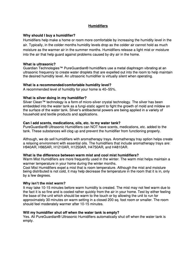 Page n°1 - FAQ PureGuardian H3200