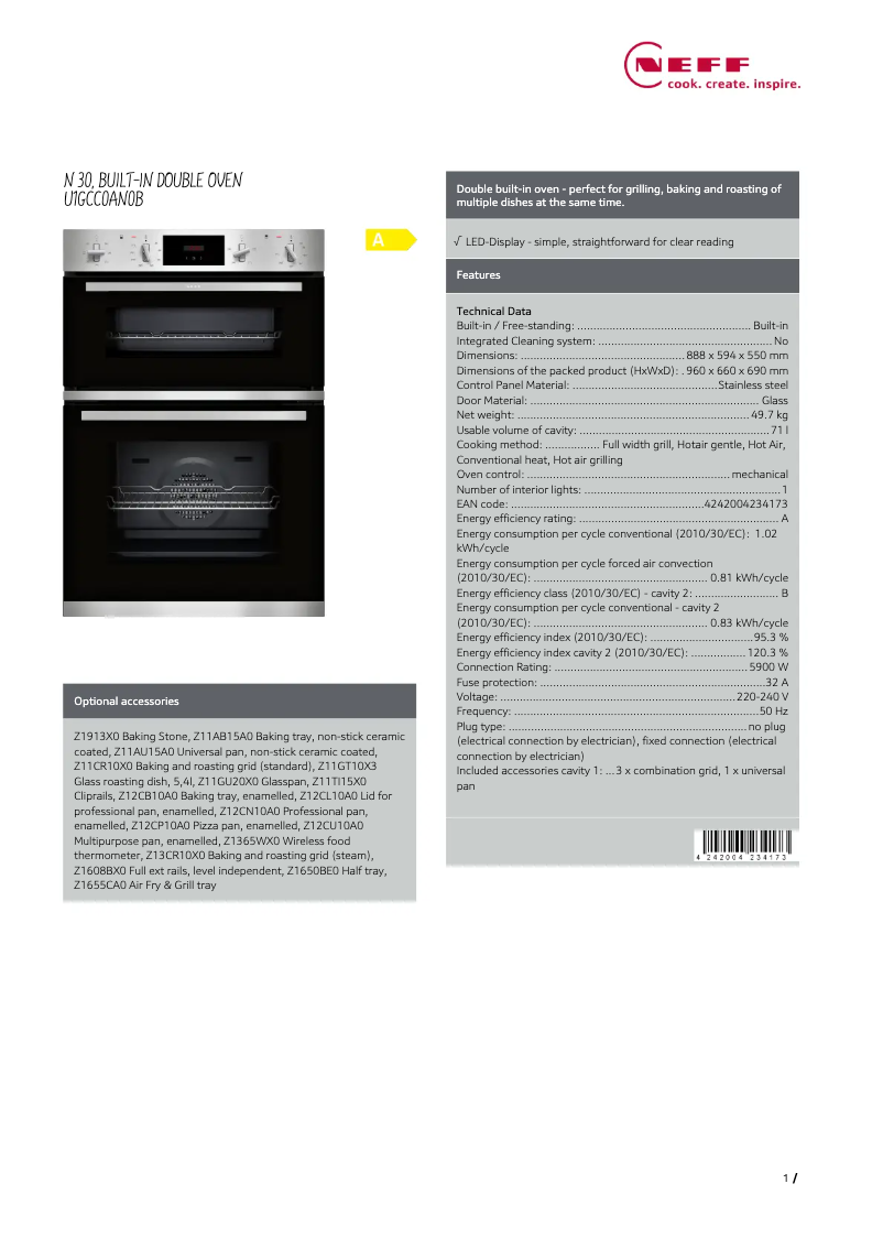 Page 1 of the manual Technical Sheet Neff U1GCC0AN0B