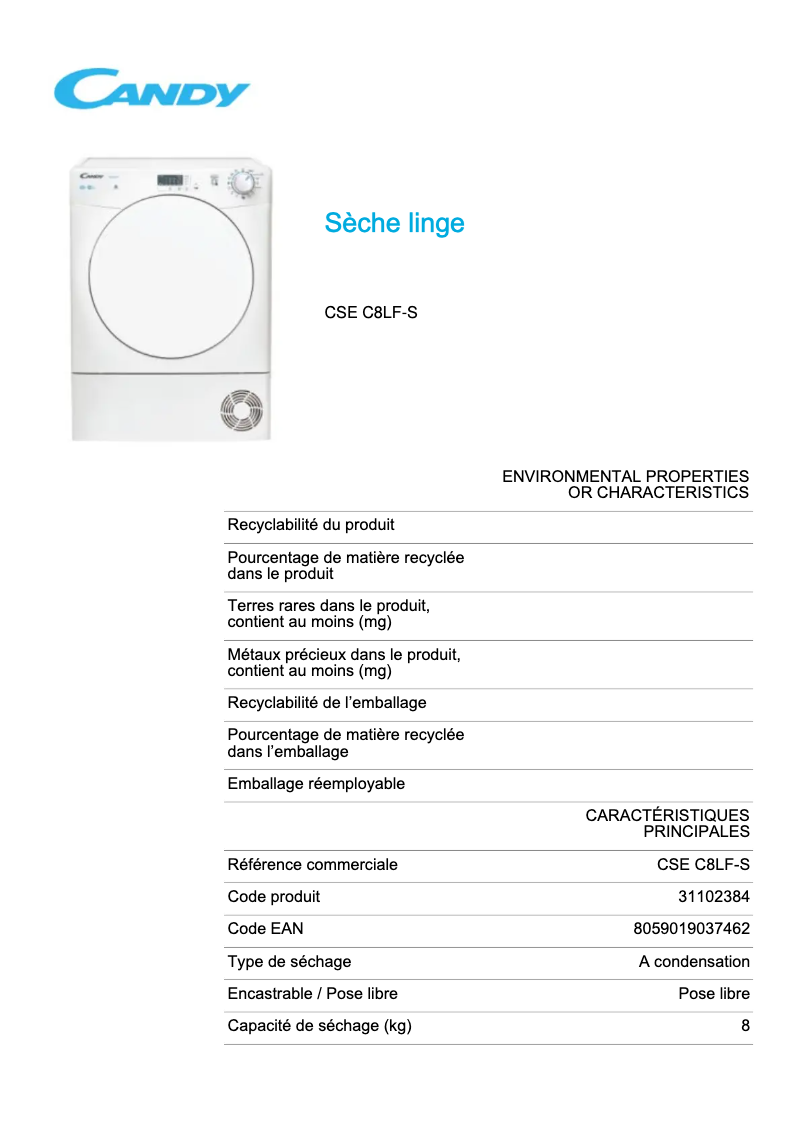 Page n°1 - Fiche technique Candy CSE C8LF-S