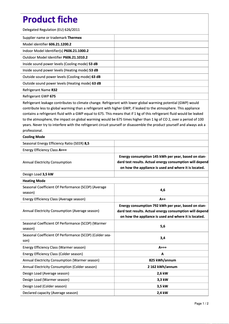 Page 1 de la notice Fiche technique Thermex TXHPS12000 wiﬁ