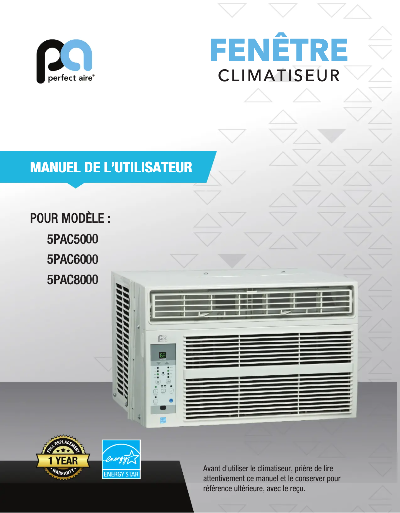 Page 1 de la notice Manuel utilisateur Perfect Aire 5PAC6000