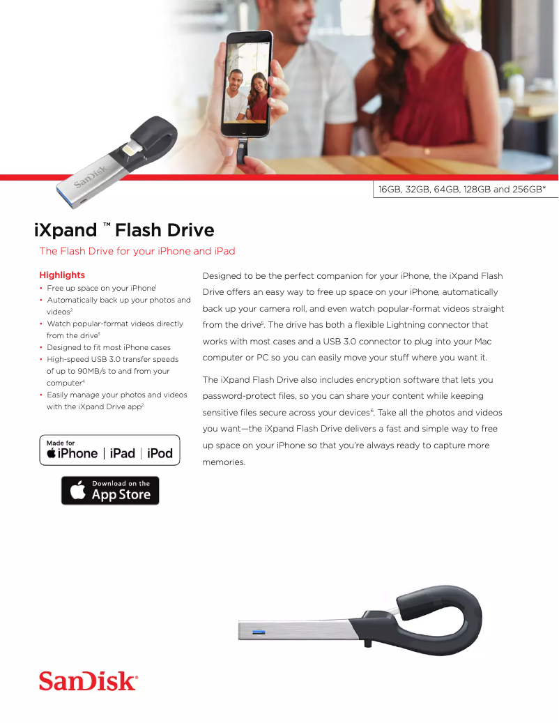 Page 1 de la notice Fiche technique Sandisk iXpand USB 3.0 Slim