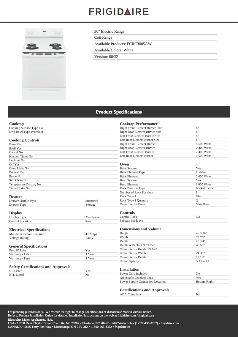Page n°1 - Fiche technique Frigidaire FCRC3005AW