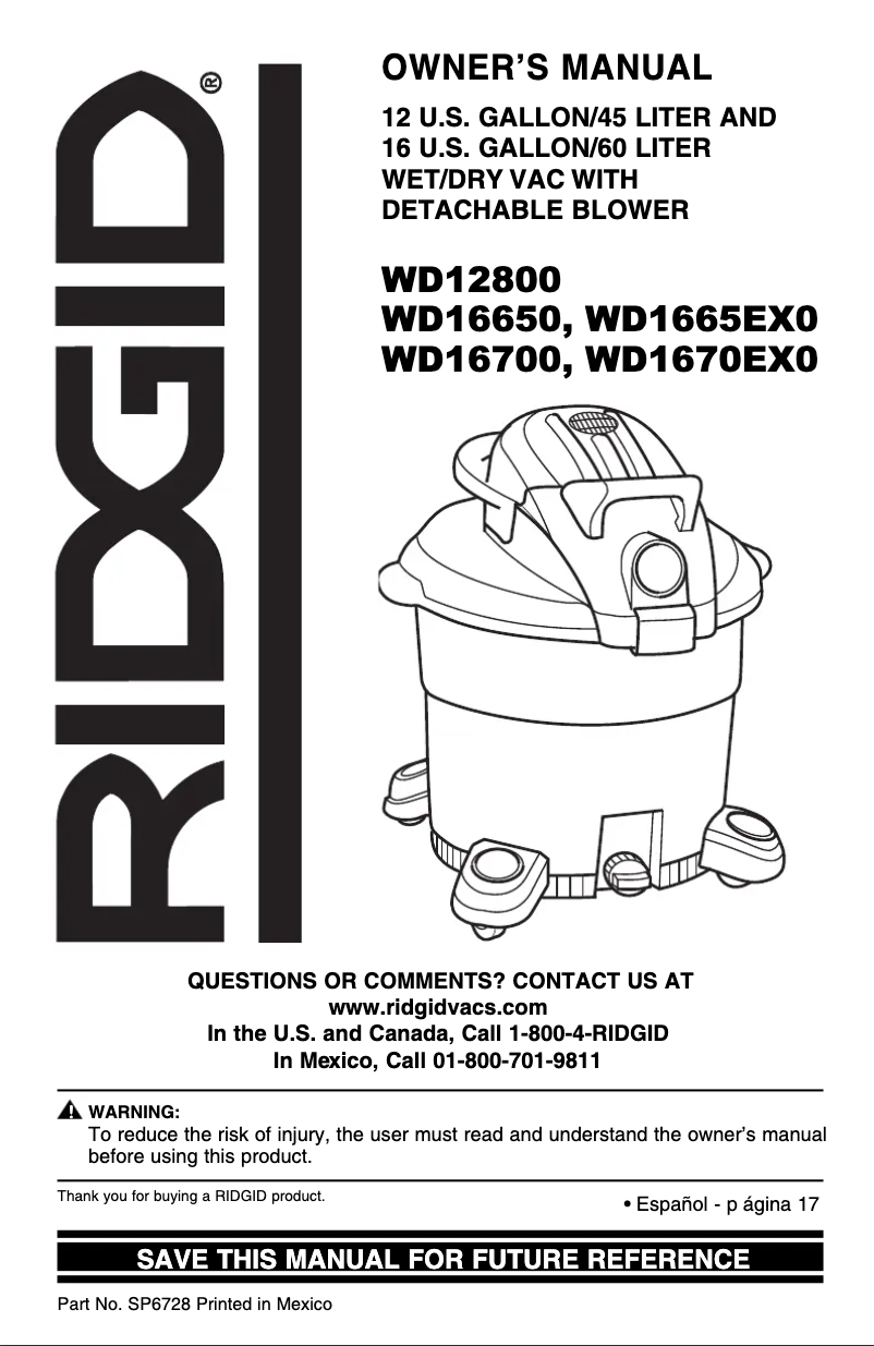 Page 1 de la notice Manuel utilisateur Ridgid WD12800