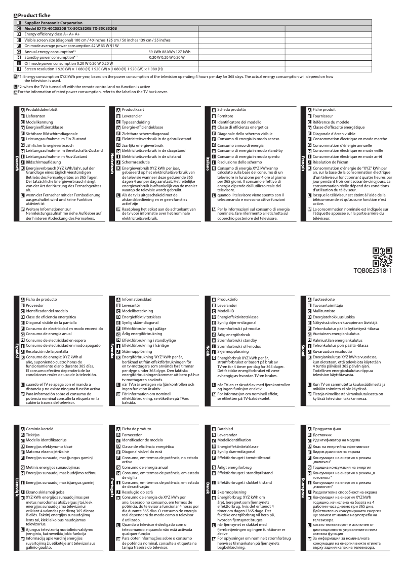 Page 1 de la notice Fiche technique Panasonic Viera TX-55CS520B