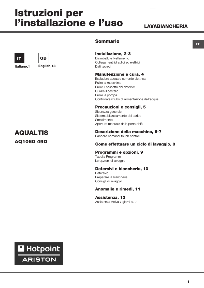 Image de la première page du manuel de l'appareil AQ106D 49D IT