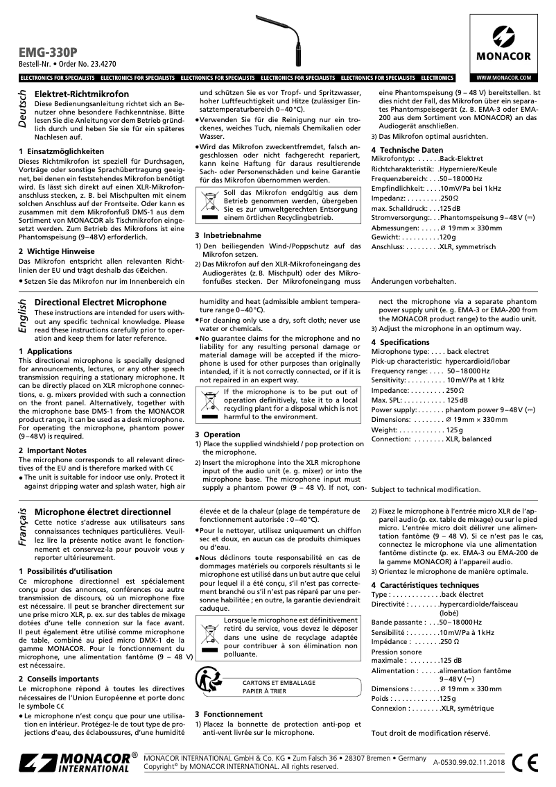 Page 1 de la notice Manuel utilisateur Monacor EMG-330P