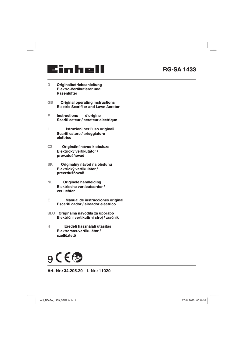 Page 1 de la notice Manuel utilisateur Einhell GE-SA 1433