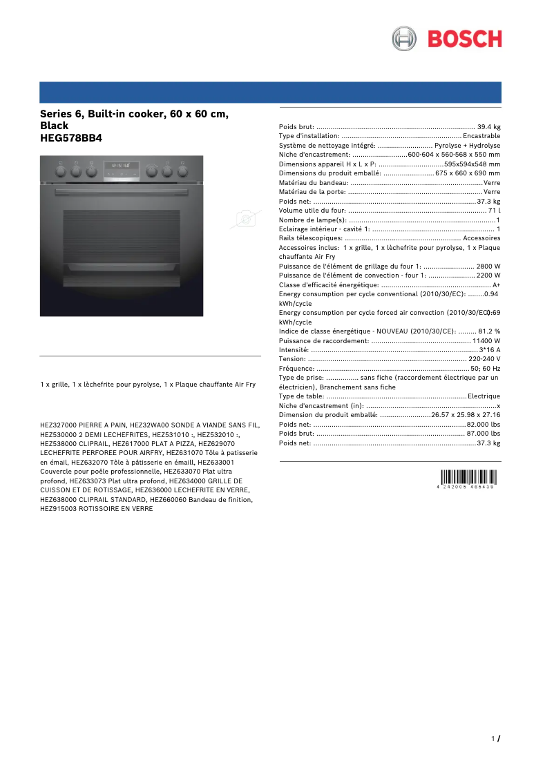 Page 1 de la notice Fiche technique Bosch HEG578BB4