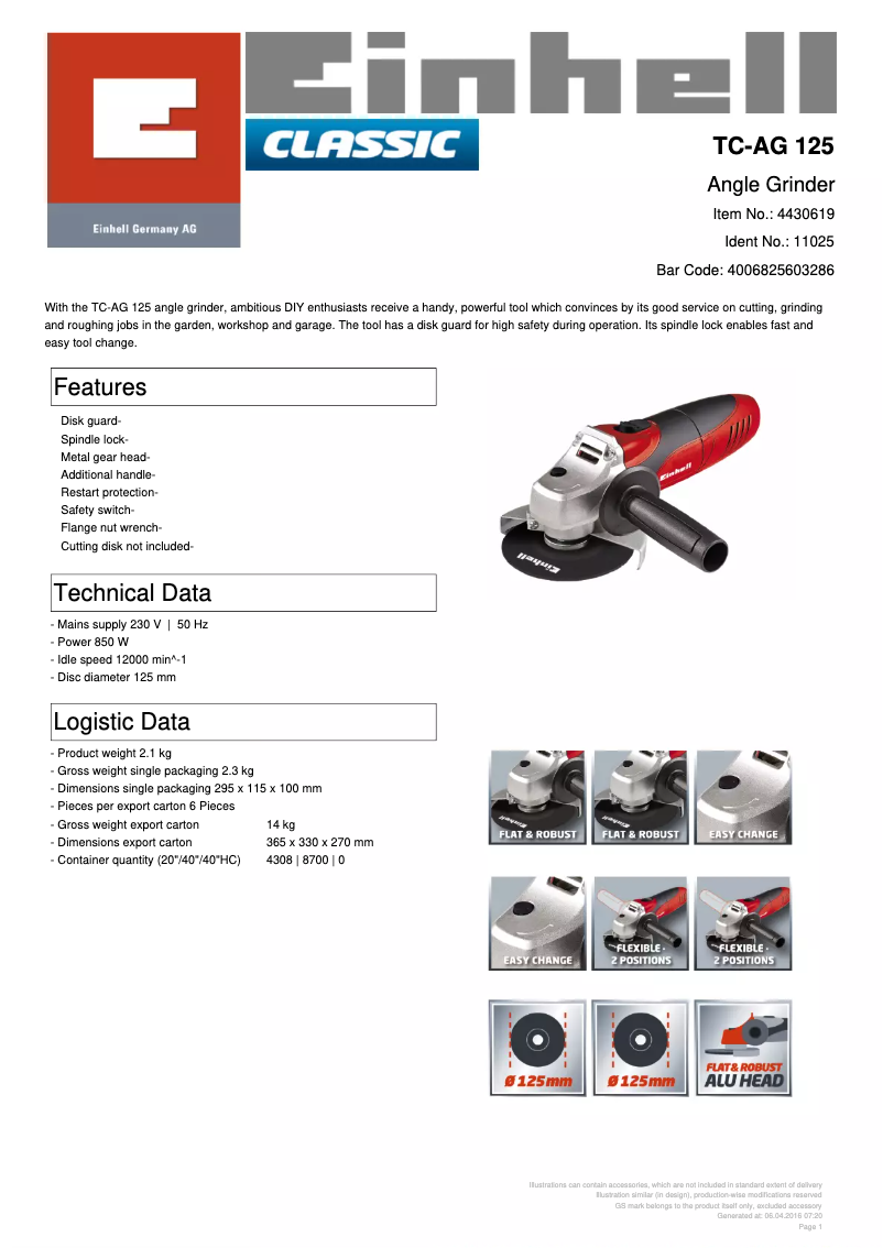 Page 1 de la notice Fiche technique Einhell TC-AG 125