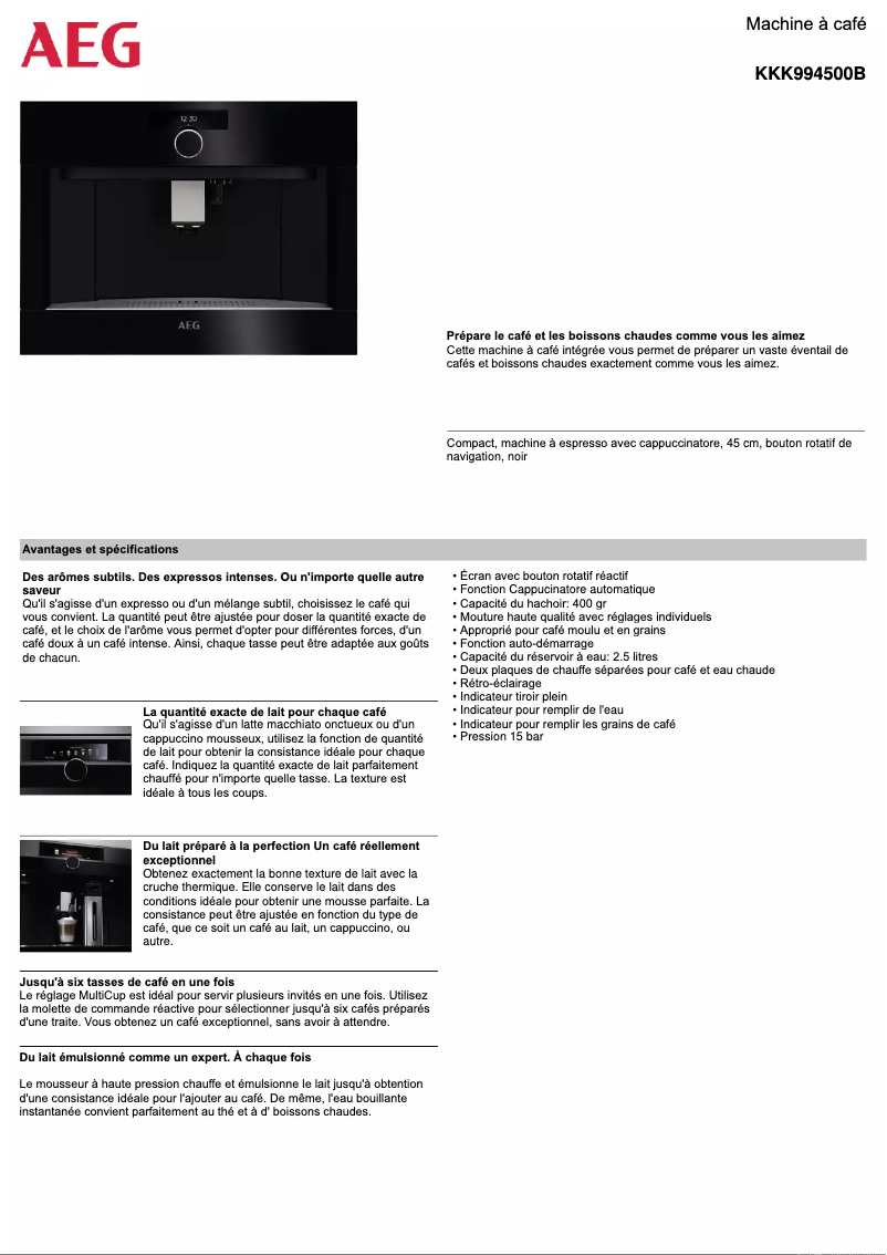 Page 1 de la notice Fiche technique AEG KKK994500B