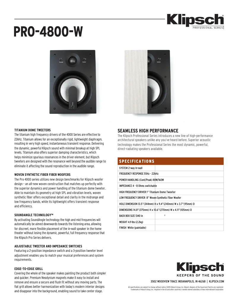 Page 1 de la notice Fiche technique Klipsch PRO-4800-W