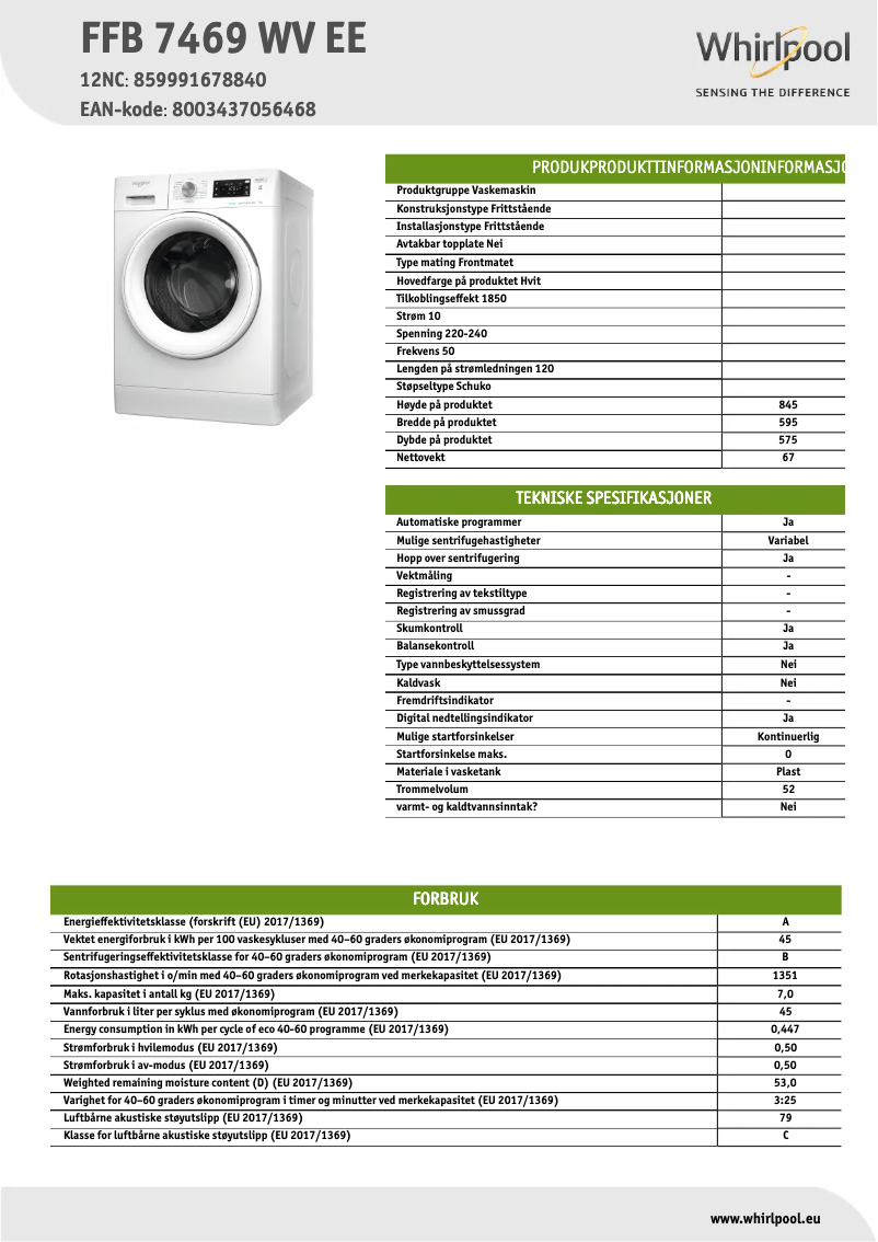 Page 1 de la notice Fiche technique Whirlpool FFB 7469 WV EE