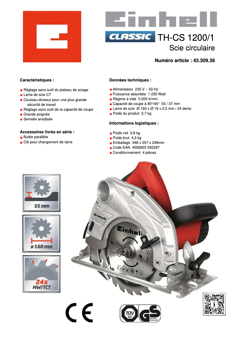 Page 1 de la notice Fiche technique Einhell TC-CS 1200