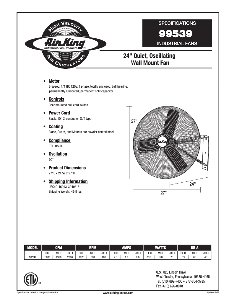 Page 1 de la notice Fiche technique Air King 99539