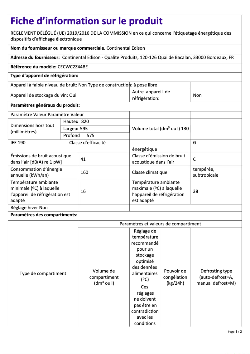Page n°1 - Label énergétique Continental Edison CECWC2Z44BE