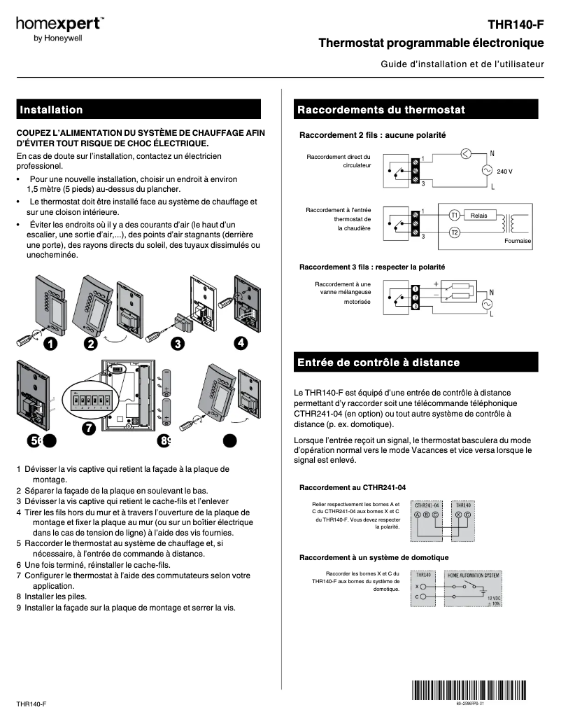 Page 1 de la notice Manuel utilisateur Honeywell Homexpert THR140-F