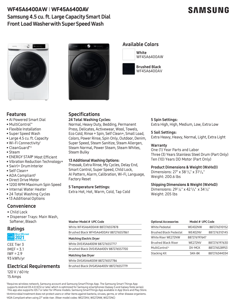 Page 1 de la notice Fiche technique Samsung WF45A6400AV