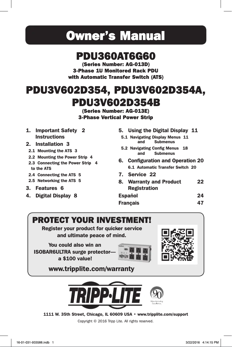 Page n°1 - Manuel utilisateur Tripp Lite PDU3V602D354