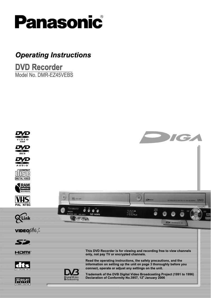 Page 1 de la notice Manuel utilisateur Panasonic DMR-EZ45