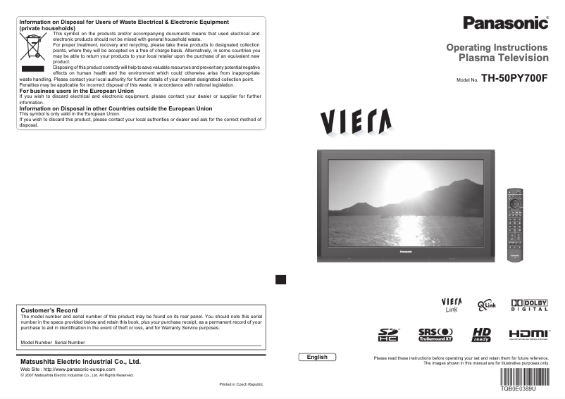 Page 1 de la notice Manuel utilisateur Panasonic Viera TH-50PY700F