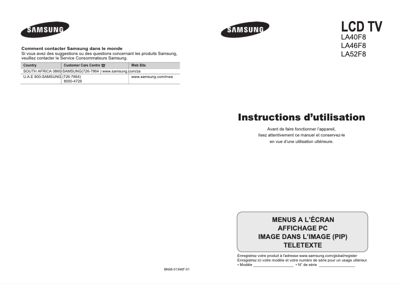 Page 1 de la notice Manuel utilisateur Samsung LA52F81B