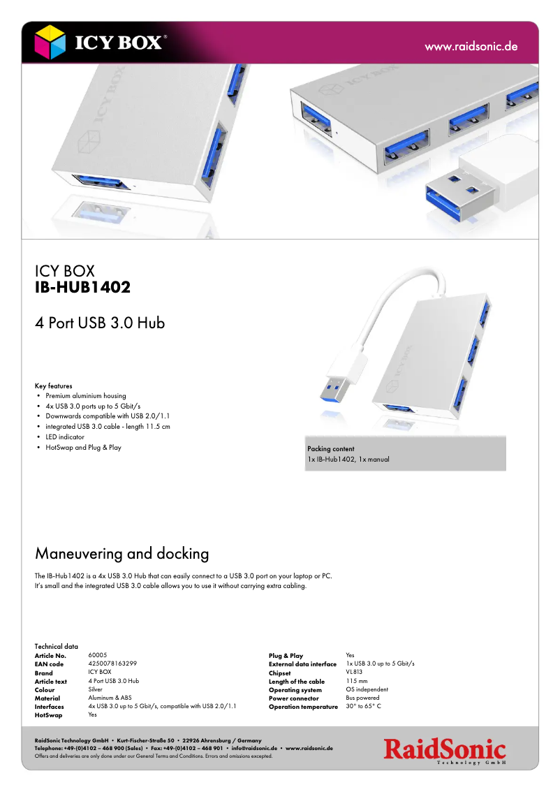 Página 1 del manual Ficha técnica Icy Box IB-HUB1402