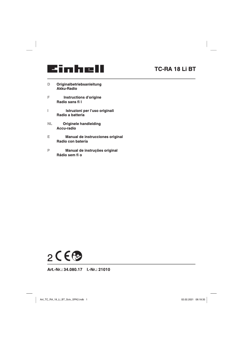 Page n°1 - Manuel utilisateur Einhell TC-RA 18 Li BT