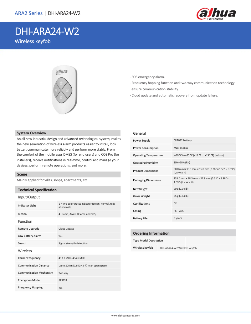 Page 1 de la notice Fiche technique Dahua Technology ARA24-W2