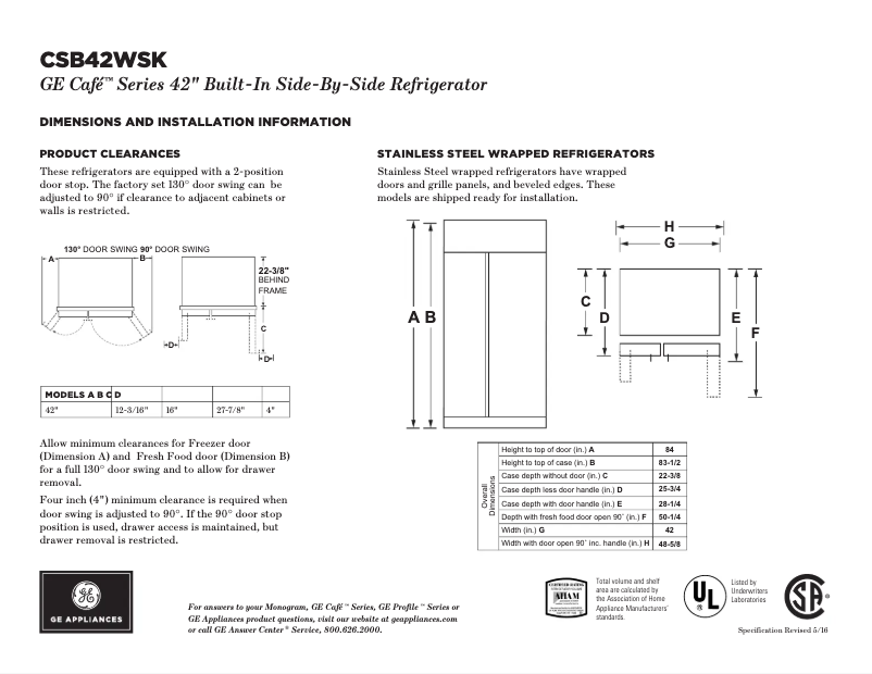 Page n°1 - Fiche technique GE Café CSB42WSKSS