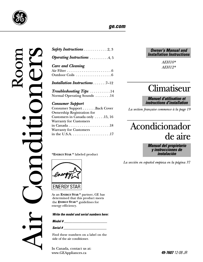 Página 1 del manual Manual de uso y mantenimiento GE AEH10AM