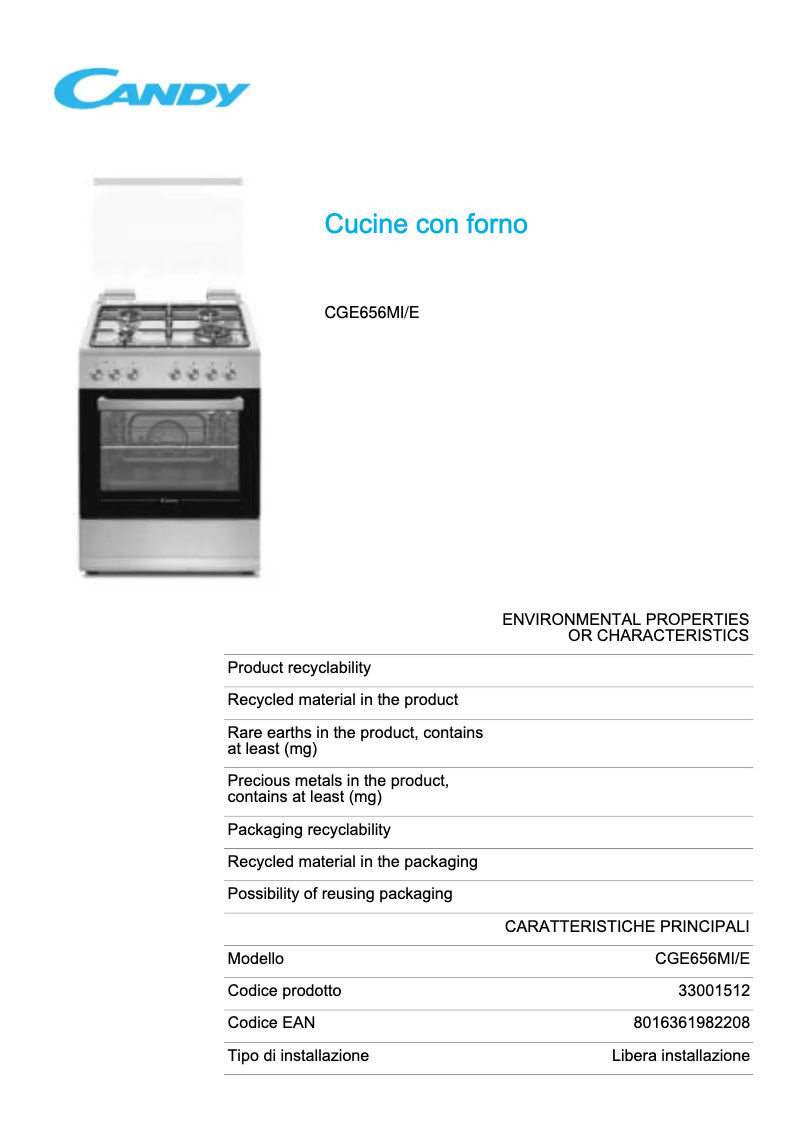 Page 1 de la notice Fiche technique Candy CGE656MI/E
