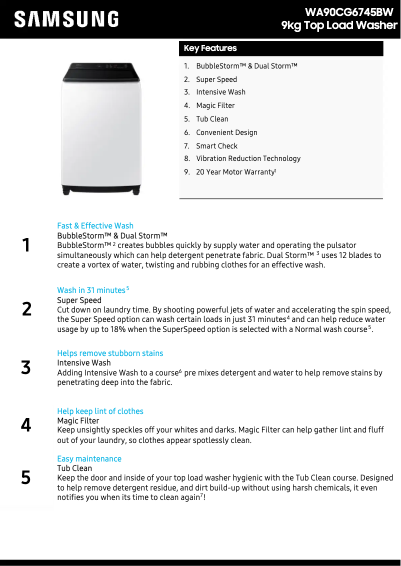 Page 1 de la notice Fiche technique Samsung WA90CG6745BW