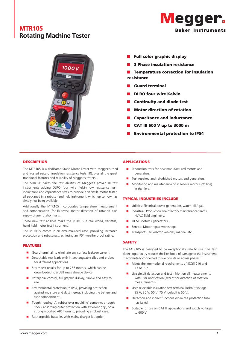 Page 1 de la notice Fiche technique Megger MTR105