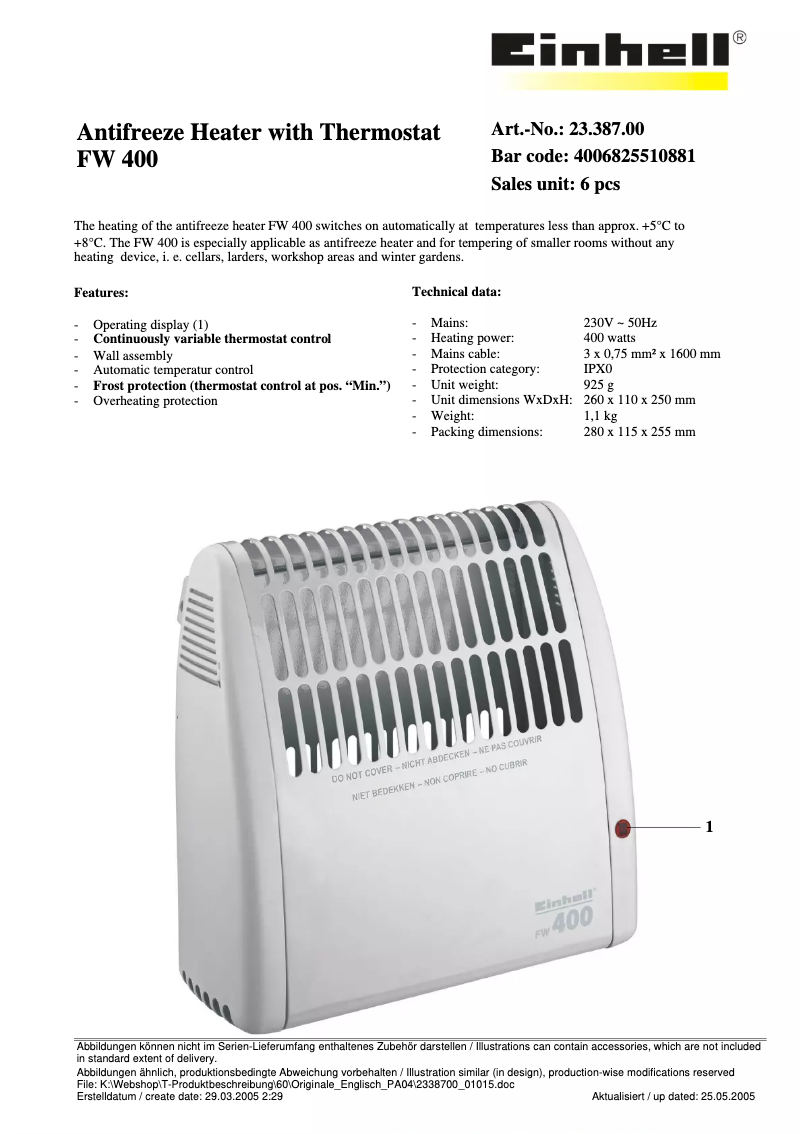 Page n°1 - Fiche technique Einhell FW 400
