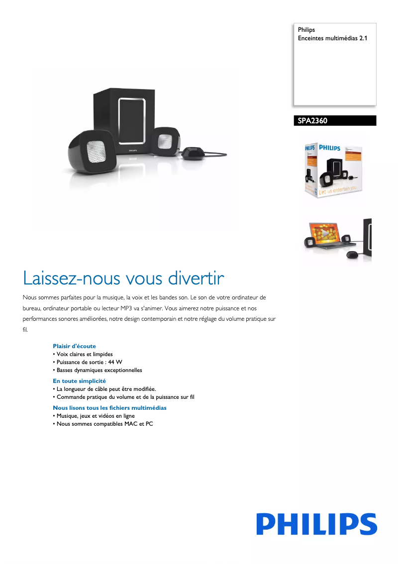 Page 1 de la notice Fiche technique Philips SPA2360