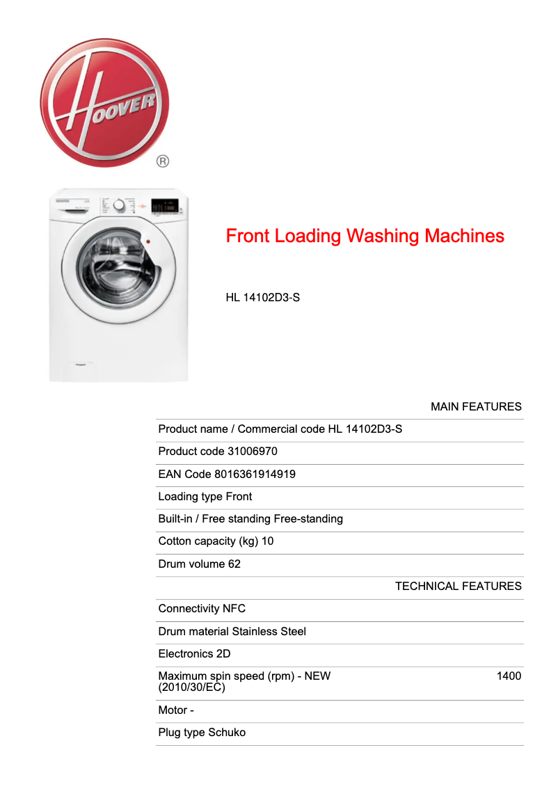 Page n°1 - Fiche technique Hoover HL 14102D3-S