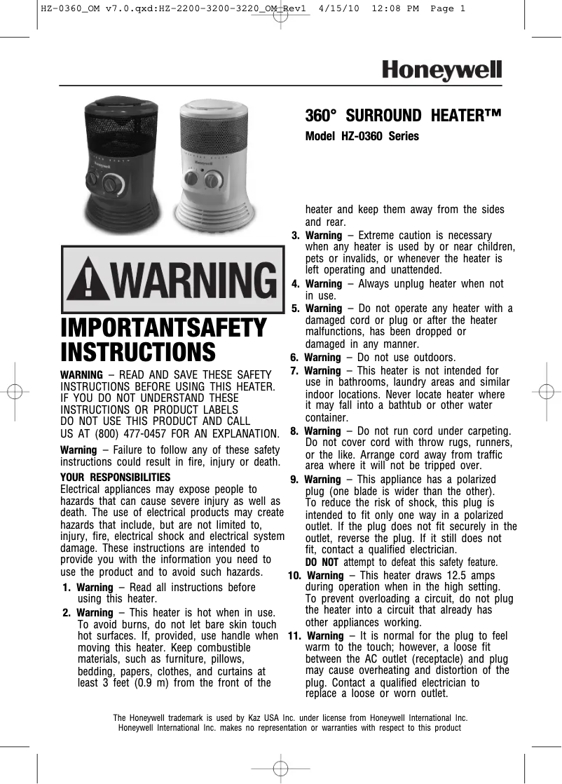 Page n°1 - Manuel utilisateur Honeywell Surround HZ-0360