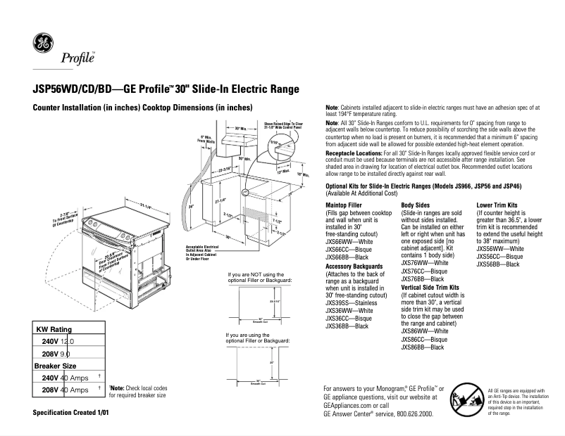 Page 1 of the manual Technical Sheet GE Profile JSP56CDCC