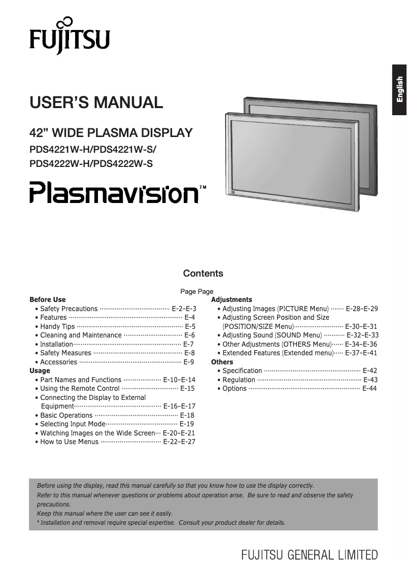 Page 1 de la notice Manuel utilisateur Fujitsu Plasmavision PDS4222
