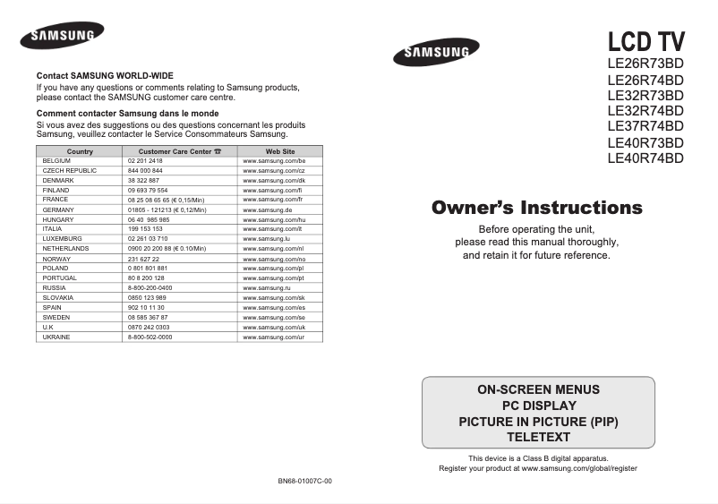 Page 1 de la notice Manuel utilisateur Samsung LE40R74BD