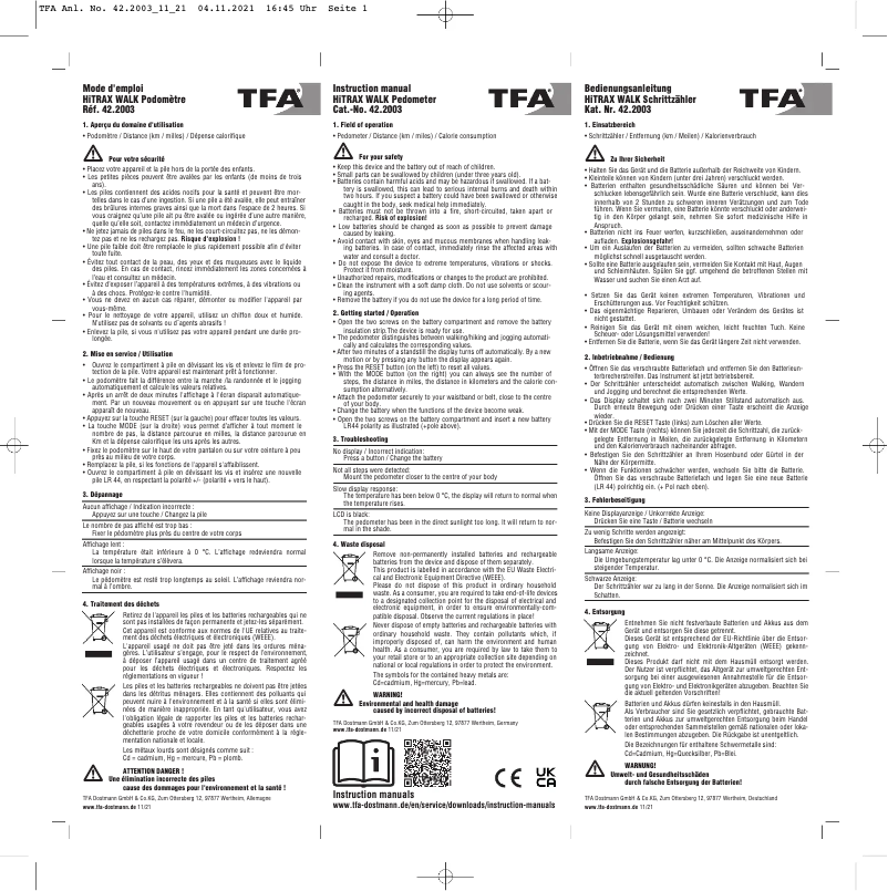 Page 1 de la notice Manuel utilisateur TFA 42.2003