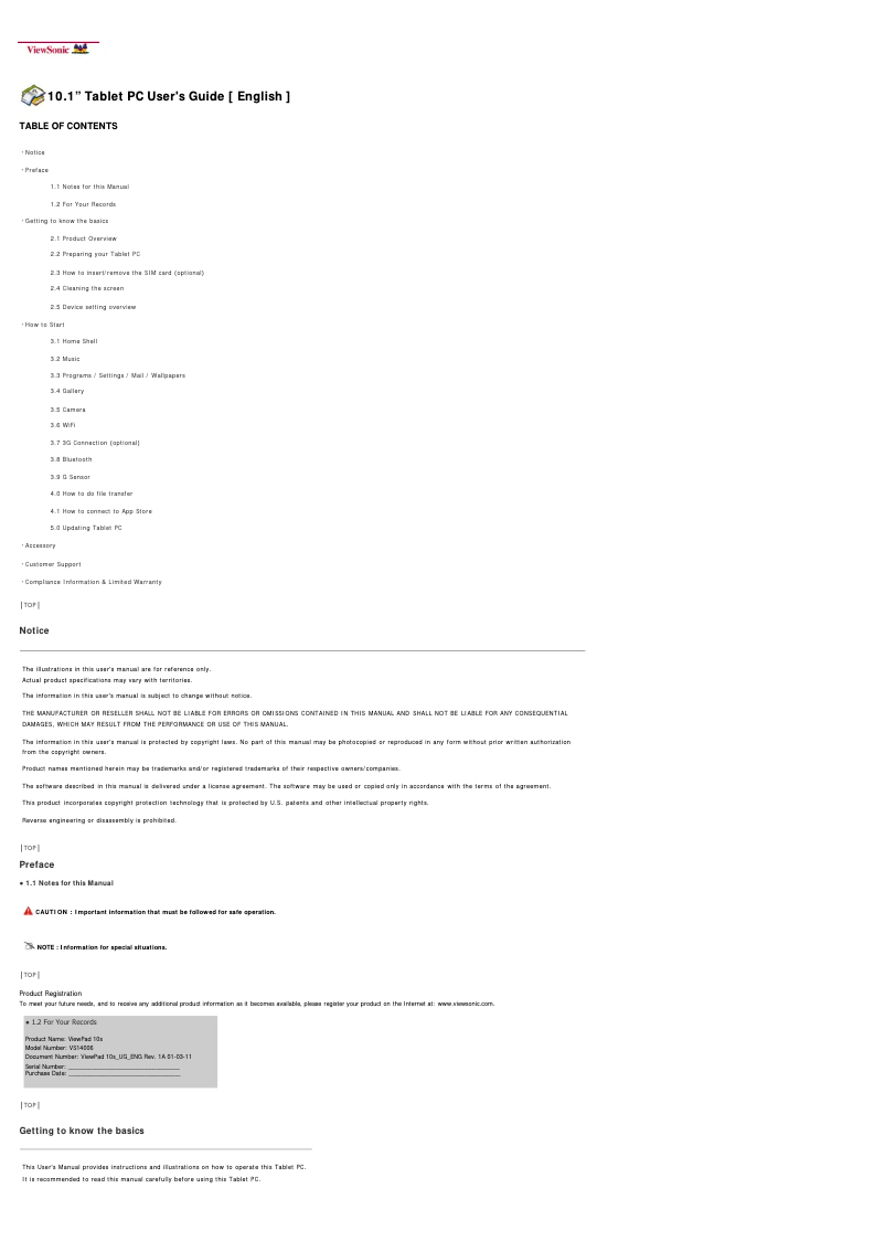 Imagen de la primera página del manual del dispositivo ViewPad 10s